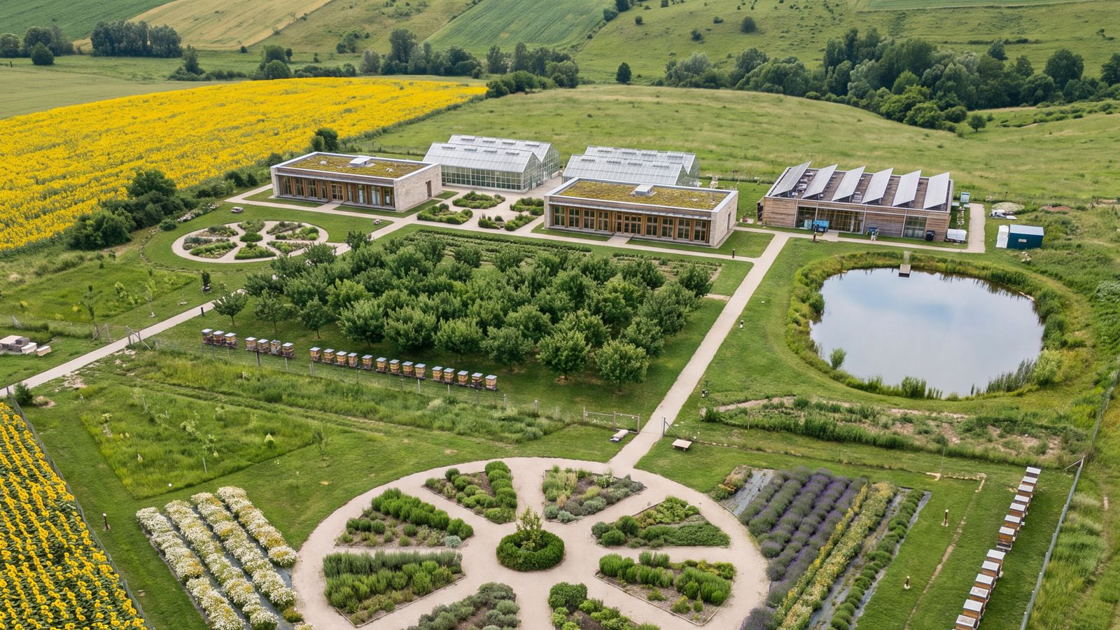 Aerial view of the planned campus at golden hour, with a pond, herb beds, orchards and beehives.