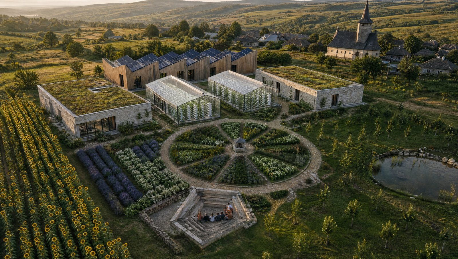 Aerial view of a planned botanical campus in green Romanian hills: stone buildings with green roofs, glass greenhouses, a circular herb garden, a stone amphitheatre and sunflower fields.