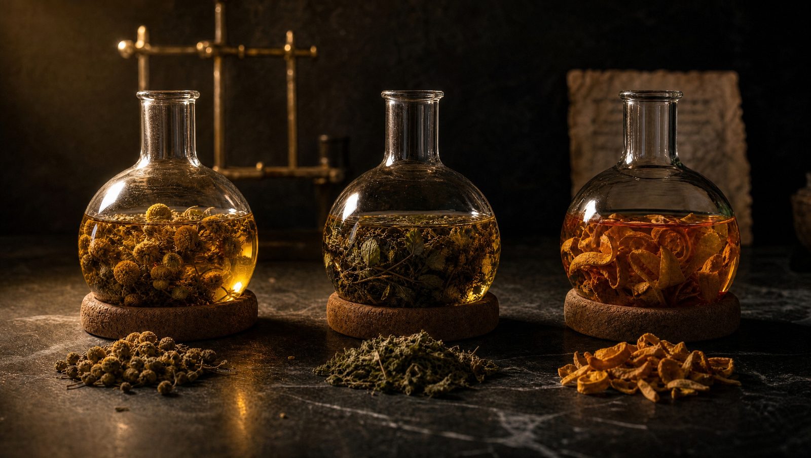 Three round glass flasks on cork rings holding golden oil with dried chamomile, dried oregano and dried orange peel, on a dark stone bench in warm side light.